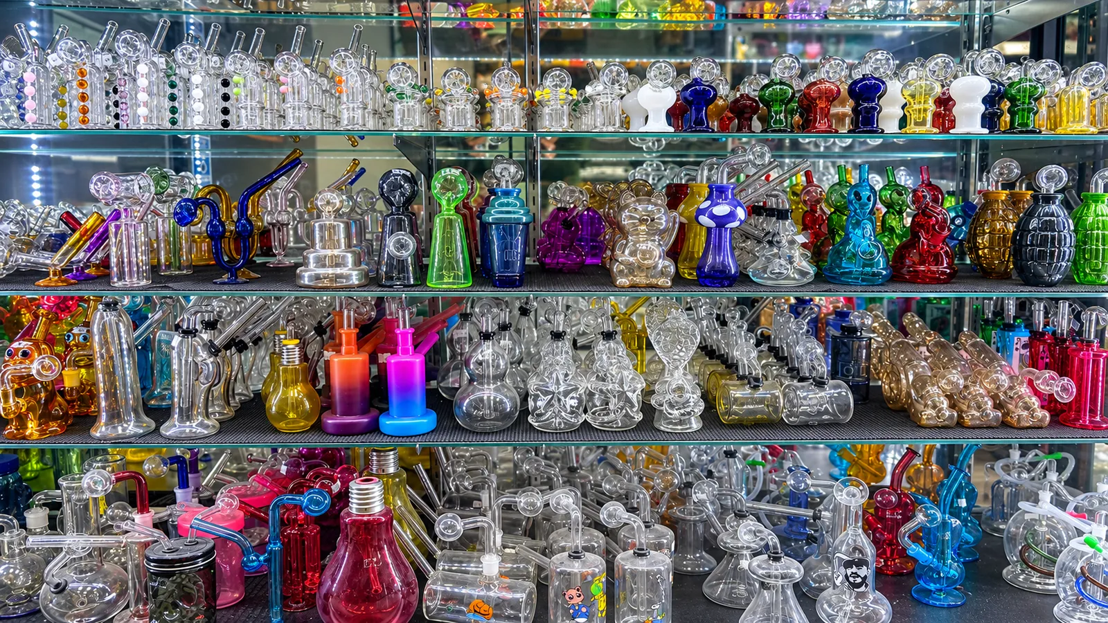 A wall of colorful glass on the shelves